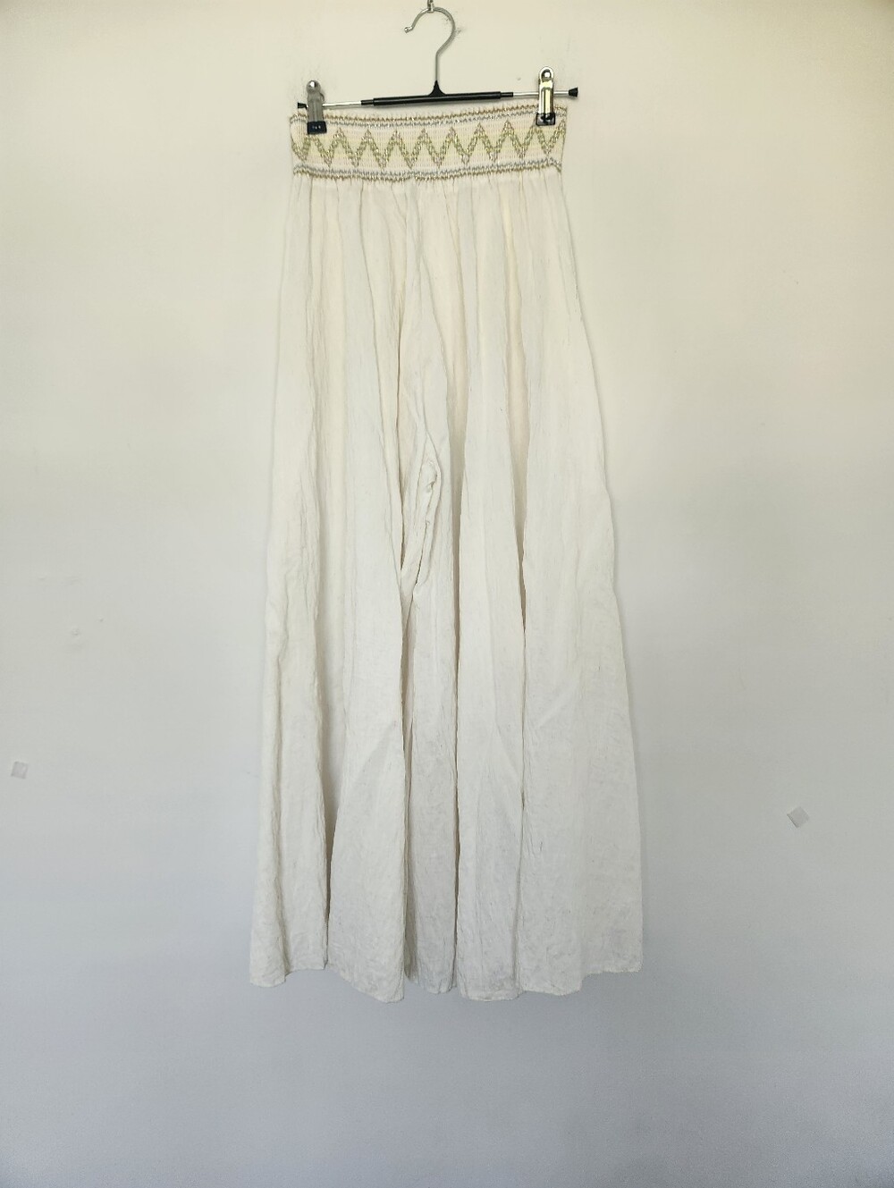 Ivory Boho Wide Leg Palazzo Pants Metallic Embroidered Smocked Waist - Picture 4 of 12